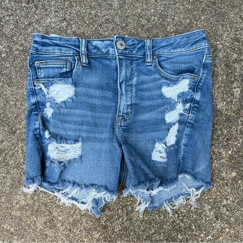 American Eagle Hi Rise Shortie Jean Shorts fray distressed next level stretch 8